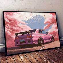 30*40cm Diamond Painting Art Canvas Wall Decor, Featuring Car & Pink Cherry Blossoms, Diamond Painting Kit, Frameless Poster For Bedroom, Living Room, Office Decoration
