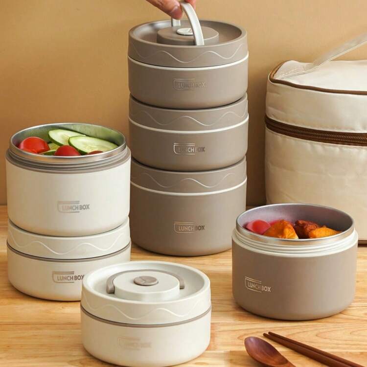 304 Stainless Steel Portable Thermal Lunch Box With Large Capacity Bag Multilayer Bento Box  Food C - 咖啡棕 - 查看 1
