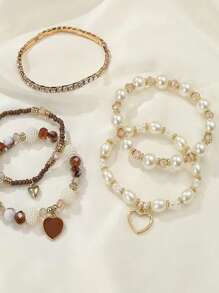 5 Stücke Set Damen Perlenarmband mit Herzanhänger, Strass-Gummiband-Armband, elegantes Perlenarmband, Alltagszubehör