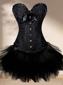 Women Sexy Overbust Boned Corset Burlesque Basque Tops+Tutu Set Lace Up Waist Firm Gothic Lingerie Skirt Party Halloween Costume