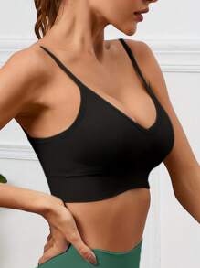 1 pieza Sujetador deportivo de espalda de tirantes de unicolor casual para mujeres, camiseta sin costuras cómoda de tirantes delgados y escote en V sexy de moda, adecuada para uso diario, yoga