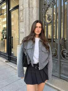 Women's Fashionable Solid Color Turndown Collar Double Pocket Casual Corduroy Soft Wool Jacket, Autumn/Winter - Grey - View 5