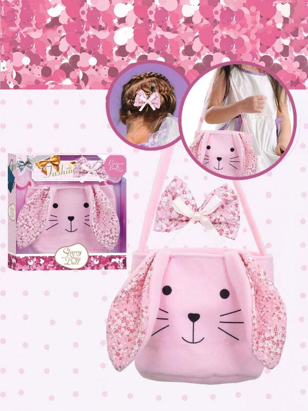 1pc Kid's Plush Backpack With Headband, Cute Rabbit Design, Girls' Makeup Cosmetic Bag, Roleplay Prop, Children Shoulder Bag, Gift For Girls, Birthday/Holiday Present