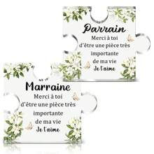 1 pieza/2 piezas Rompecabezas con forma de regalo con texto en francés "Madrina, Padrino" para regalo de cumpleaños, Acción de Gracias, Día de la Madre, Día del Padre, Navidad, Bautizo, Fiesta de Baby Shower