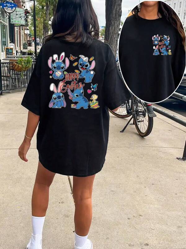 Disney Disney Stitch Cartoon Graphic Print Short Sleeve Round Neck T-Shirt Dress, Slightly Stretchy, Opaque, Easy Care Material, Suitable For Everyday Wear, T-Shirt Dress - Fashionable Short Sleeve Dress