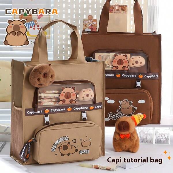 1pc Capybara Large Capacity Student Daily Stationery Storage Bag, Can Be Used To Store Pen Books, Papers And Other Desktop Stationery Portable Storage Bag, Multi-Functional Summer Vacation Hand Carry Students Back To School Bag,Pencil Case,Pencil Pouch,School Bag