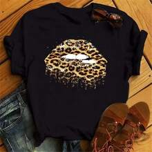 New Harajuku Women T Shirts Leopard Lips Print Tshirt  T Shirt Female Short Sleeve Black Tops Tee Fashion Women T-Shirts - 黑色 - 查看 1