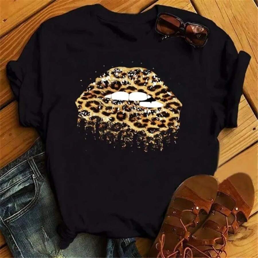 New Harajuku Women T Shirts Leopard Lips Print Tshirt  T Shirt Female Short Sleeve Black Tops Tee Fashion Women T-Shirts - 黑色 - 查看 1