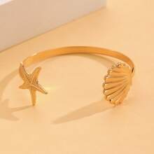 1pc Ocean Elements Stainless Steel Starfish & Seashell Bangle Bracelet, Suitable For Women Everyday Wear