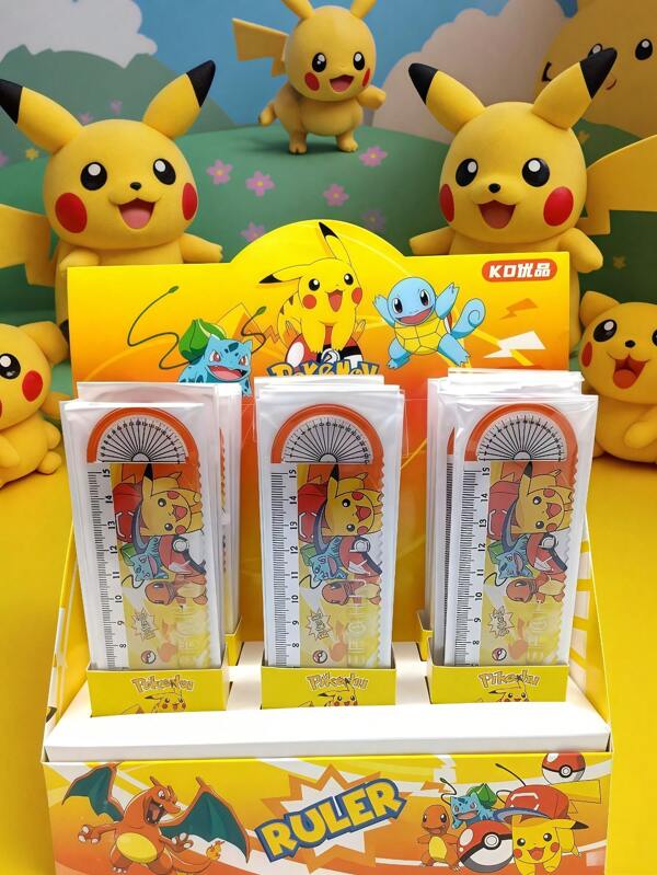 pokemon 1 Stück Pikachu Lineal mit gewelltem Rand, 15 cm/5,9055 Zoll, süßes gelbes Pikach Design, gerade Linie, wellige Linie. Multifunktionales, verstärktes farbiges Linealsetui, tragbares Messwerkzeug, geeignet für Schule, Büro und Zuhause, mit Skalamarkierungen und einfach zu lesendem Design. Pakachu Design Anime Messgerät, Geschenk für Studenten zum Sammeln (einige Zubehörteile zufällig), Geschenke für den Schulanfang