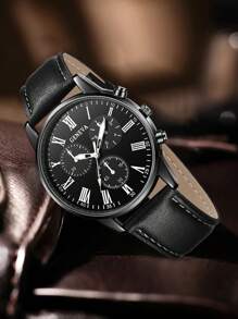5PCS Black PU Leather Strap Men's Watch Set Business Fashion Quartz Watch Bracelet Set Suitable For Daily Clothing Matching Perfect Holiday Gift