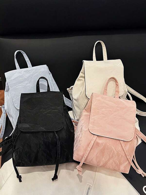1 Pc Women's Solid Color Embroidery Soft Surface Drawstring Flap Cover Backpack, Fashion Bag Essential For Young Ladies Strolling, Photography, Travel And Visiting Friends