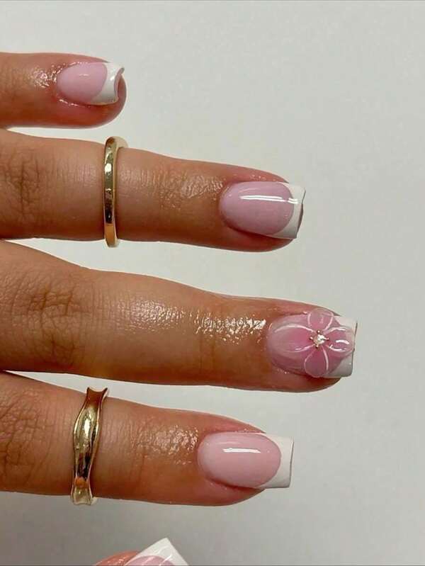 10pcs Elegant Style Pink And White Short Square Press On Nails, 3D Flower Handmade French Fake Nails, Pink Flower Shape, Small Diamond Inlaid In The Flower Center, Elegant Yet Sweet Romance, Suitable For Daily, Dating, Summer Travel, Perfect Gift For Ladies And Girls (Random Packaging Card)