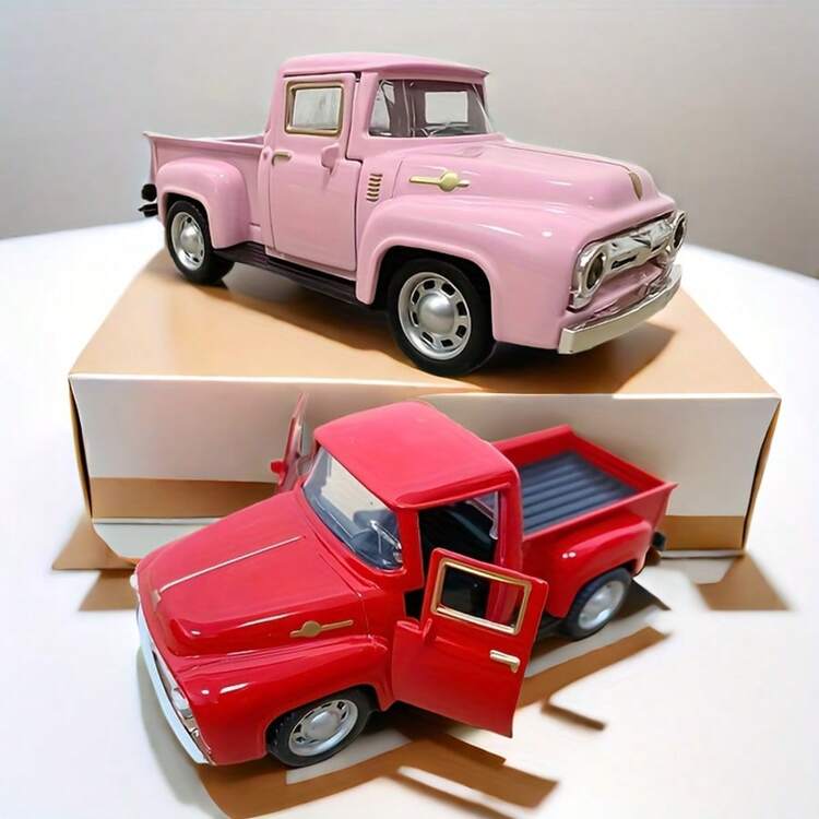 1pc Retro Alloy Metal Pickup Truck Decoration - Pink & Red Classic Car Model With Chrome Decor, Openable Doors, No Battery Required - Ideal For Home & Office Decor, Toy Vehicle Collection - Multicolor - View 2
