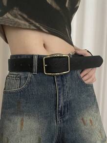 1pc Black PU Material Antique Bronze Buckle Printed Waist Belt