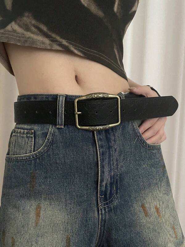 1pc Black PU Material Antique Bronze Buckle Printed Waist Belt