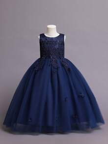 Flower Girl Dress Lace Bridesmaid Dress Kid Wedding Ball Gown Toddler Princess Pageant Evening Dresses - 藏蓝色 - 查看 1
