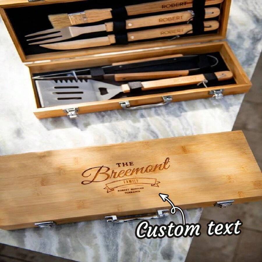 Personalized 5pcs BBQ Tool Set (With Wooden Box) - Custom Engraving