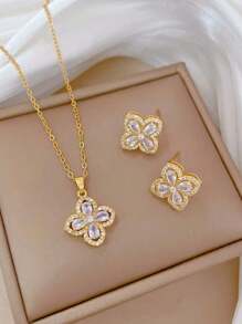 A Set Of Stainless Steel Chain Necklace Earrings Set, Light Luxury Full Of Sparkling Rhinestones Classic And Versatile Personalized Elegant Banquet Earrings Necklace Group Gift, Excluding Gift Box(Gift Box For Photography Only)