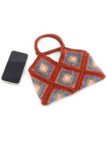 Fashionable Shiny Beaded HandBag, Creative Patchwork Crochet Tote