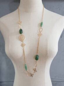 1pc Elegant Geometric Acrylic Bead Hollow Iron Plate Long Necklace, Bohemian Style, Multi-Color, Versatile For Women's Daily Wear