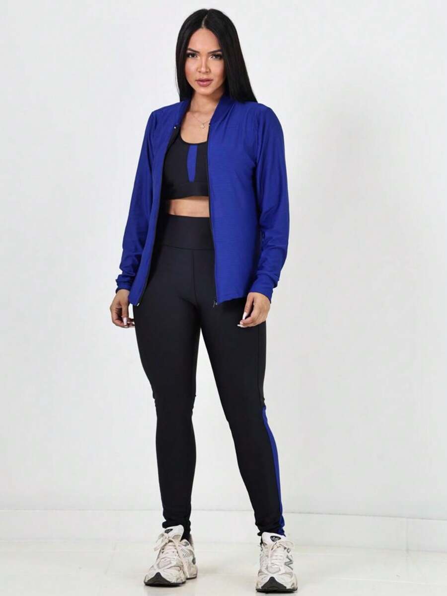 TRIO - 3 Piece Fitness Kit Bomber Jacket + Top + Dry Fit Pants - 藍色 - 查看 1
