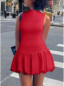 Bubble Dress Women Sleeveless Mock Neck Knit Open Back Dress Bodycon Y2k Party Club Short Dress - Merah - View 6