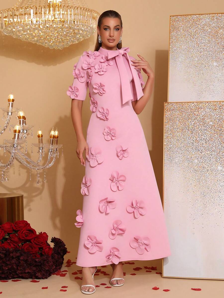Modphy Nuevo vestido maxi de alta gama con decoración floral 3D, lazo, cuello alto y manga corta, para invitadas de boda, damas de honor, fiestas y eventos formales de noche para mujeres - Rosa - Ver 1