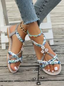 WRCVS Gray Women's Sandals, Summer Women's Flat Sandals, Retro Shoes, Handmade Beaded Sandals, Woven Strap Flat Shoes, Lightweight Anti-Slip Beach Vacation Floral Patterned Outdoor Sandals