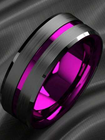 1 pièce Bague de doigt en acier inoxydable à la mode, élégante et aristocratique, charmante couleur violette. Bague dominante pour hommes avec incrustation de carbone. Cadeau de bijoux