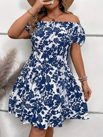 Printed Off Shoulder Dress, Puff Sleeve Elegant Dress For Women, Plus Size Clothing, Spring/Summer