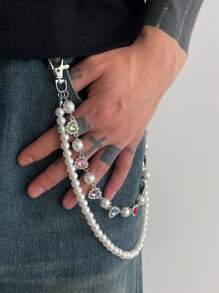 1 pieza Cadena de cinturón elegante minimalista retro con corazón y con perla artificial, cadena corporal personalizada de hip-hop para hombre, para decoración de pantalones