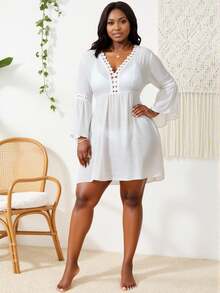 Slaydiva Summer Beach Plus Size Women's Lace Patchwork Flare Sleeve Cover Up Dress - White - View 3