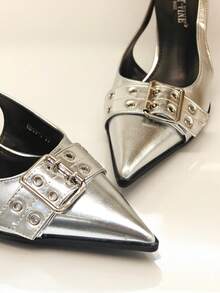 RevReaL Pointed Toe Slingback Heels With Double Buckle Detail - Minimalist Chic Pumps - Silver - View 4