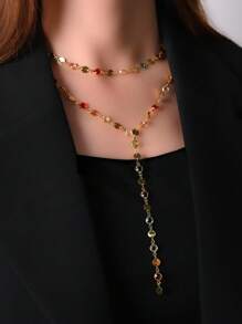 Colar de metal com cristais coloridos de camada dupla, colar de borla de corrente longa da moda para mulheres