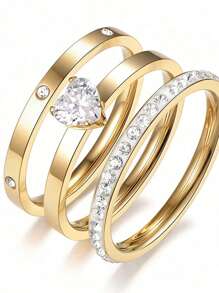 3 Pcs Luxury Zirconia Stainless Steel Ring Set, Classic & Fashionable Rings Accessory For Women