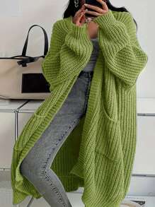 Autumn/Winter European Style Fashionable Casual Pocket Knit Cardigan For Women, Loose Solid Color Elegant Long Sleeve Plus Size Mid-Length Open Stitch Sweater