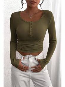 Women's 2025 Fall Long Sleeve Henley Shirts Button Ribbed Knit Casual Basic Tops Blouse - xanh quân đội - Xem 1