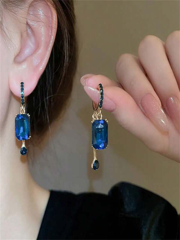 1 Pair Luxury Elegant Blue Square Clip-On Earrings, Niche Design Graceful Earrings