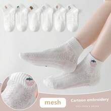 [6 colores] Nuevos llegados para otoño: calcetines finos y transpirables de verano para niñas. Calcetines bordados con malla linda y estilizada de dibujos animados para niños en verano, estilo japonés. Adecuados para bebés de 3 a 12 años. calcetines blancos de estilo japones