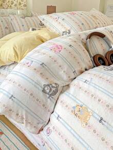 3/4pcs Ditsy Floral Bow Kitty Bedding Set (1*Duvet Cover + 1*Bed Sheet + 1/2*Pillowcase) Cherry Blossom Ditsy Floral, Cartoon Line Bear Print, Fashion Pattern, Soft Touch, Skin-Friendly Fabric, Machine Washable, Suitable For All Seasons, Duvet Cover & Pillowcase Without Filler - Multicolor - View 14