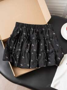 Gonna a-line con disegno fiocco per donna, gonna a ruota dolce, colore nero, adatta per uscite casual, esercizio, shopping, uso quotidiano, estate