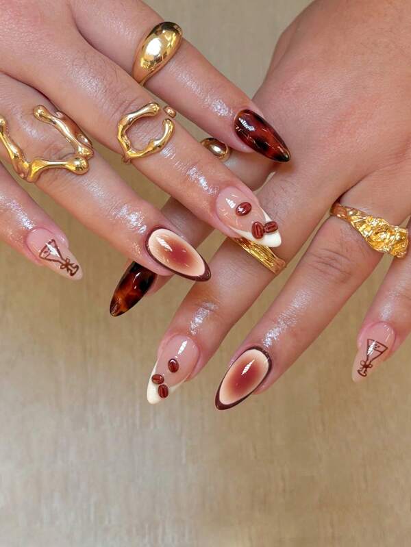 24Pcs Tie Dye Coffee Bean Design 3D False Nails, Removable Wear For Party, Dance, Daily Use With European & American INS Style