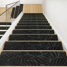 TAIMASI 15 Pack Non-Slip Carpet Stair Runners Treads For Indoor Wooden Step With Adhesive Peel And Stick Rug Anti Moving Staircase Covers Mats, Reusable Washable Adhesive (15, Brown,Black,Gray,Beige Leaves, 30X7.9) - màu đen - Xem 2