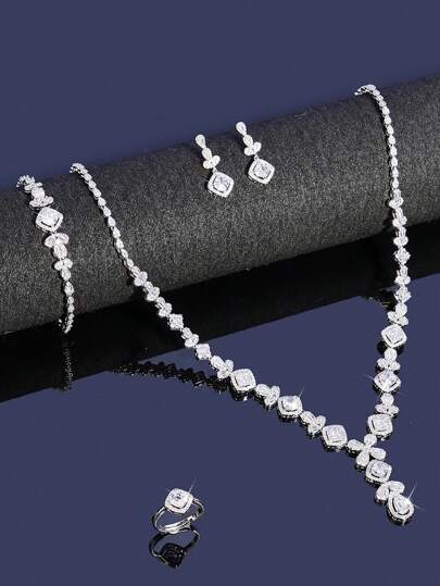 5 Peças/Conjunto Conjunto de Joias para Noiva Colar, Pulseiras, Brincos, Anel Banhado a Ródio Gota de Água Zircônia Luxo Conjunto de Joias para Casamento Presente de Festa