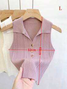 1 pieza Polo de punto sin mangas con cuello falso de ajuste corto para mujer con botones dorados, negro, blanco, albaricoque, rosa, morado