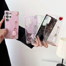 1pc Galaxy Glitter Rhinestone Fuzzy Ball Bracelet + Small Heart Decorated Phone Case, Compatible With Samsung Galaxy S8, Apple 16, Redmi Note 11 4G, OPPO A54, Portable