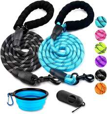 2 Pack Dog Leash 5 FT Heavy Duty - Comfortable Padded Handle - Reflective Dog Leash Medium Large Dogs With Collapsible Pet Bowl, Dog Gear - 套裝 2-黑色+藍色 - 查看 8