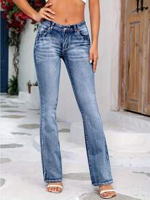 Women Wide Leg Flare Jeans Vintage Mid Rise Denim Bell Bottom Trousers  Sexy Fashion Boyfriend Slim Bootcut Jeans - 藍色 - 查看 2