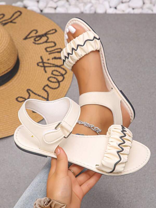 1 Pair Elegant Women Sandals, Wavy Pleated Upper, Hook And Loop Strap Buckle, Casual Minimalist Style Suitable For Party, Date, Vacation, Campus, Street, Indoor Wear